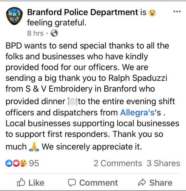 Branford Police Department Facebook post thanking S & V for dinner